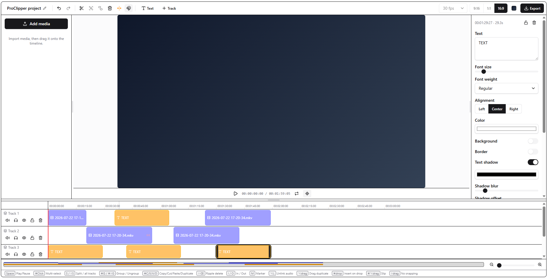 ProClipper video editor showing the preview canvas, editing controls, and multi-track timeline