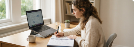 A person taking notes while working on a laptop